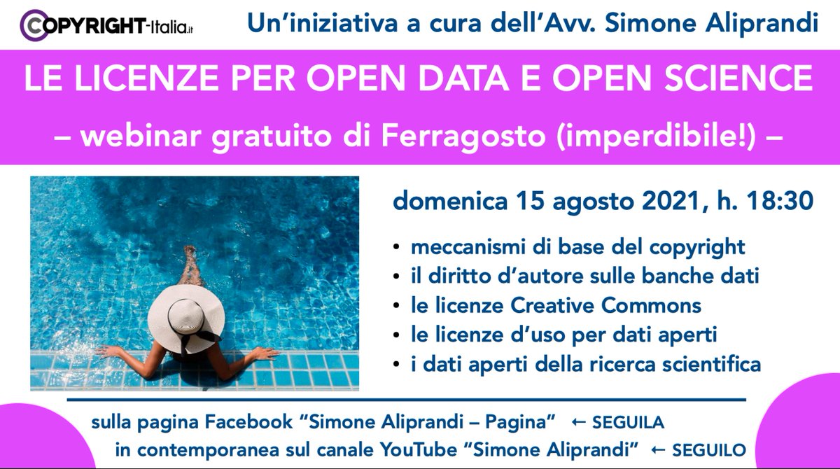 Il Ferragosto vi annoia? Non ne potete più della grigliata in giardino? Rifugiatevi sotto l'aria condizionata e collegatevi alla rete per seguire l'imperdibile webinar di Ferragosto su #OpenData e #OpenScience! Tutti i dettagli qui: fb.me/e/1dyB2OXjn.
