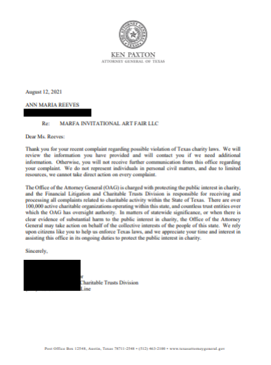 AnnMariaReeves's tweet photo. ** NEW DOCUMENT POSTED ** This is the acknowledgment letter from Texas State Attorney General Office - with the second complaint from Online #KeanuReeves, specific to the charity and consumer fraud /complaints against "Marfa Invitational" (venue itself), FYI! ❤️Love, Eve👇. https://t.co/ptKCSdnsVV