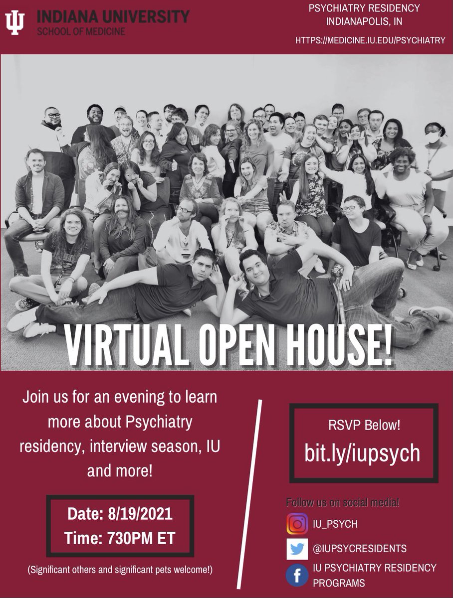 🚨Open House Alert!🚨

Come hang out virtually on 8/19 with our fabulous residents! Session will start with a brief Q&amp;A from our PD and residents will take over from there. We hope to see you soon!

#psychtwitter