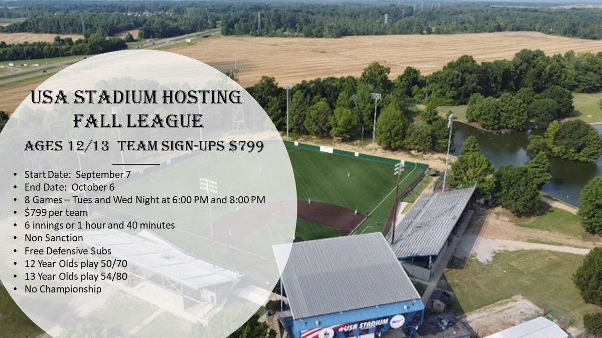 USA Stadium is hosting a Fall League for 12 and 13 year old teams!  Registration is open now buff.ly/3jyrtaP