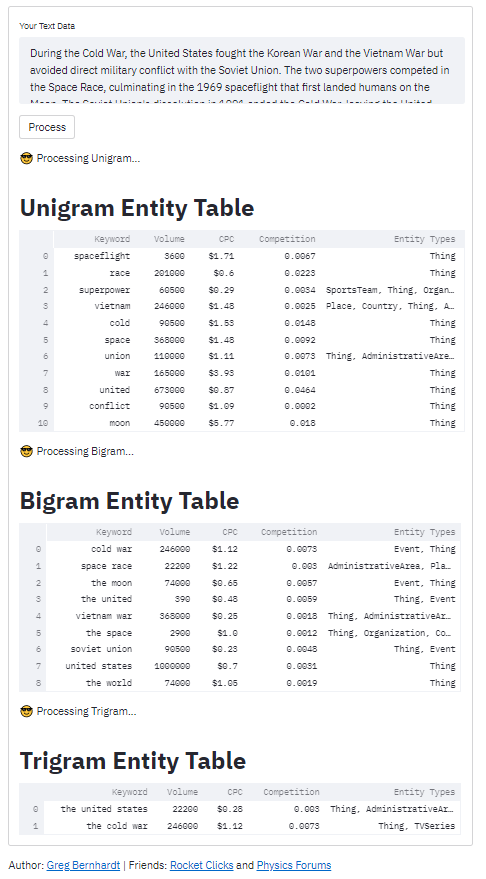 GregBernhardt4's tweet image. Check out my latest #python #seo app! N-Gram Analyzer. Pull out 1,2,3 gram portions of text. Detect if an entity. Find volume, CPC, and competition score. Tutorial coming out Monday or Tuesday.
share.streamlit.io/dethfire/ngram…