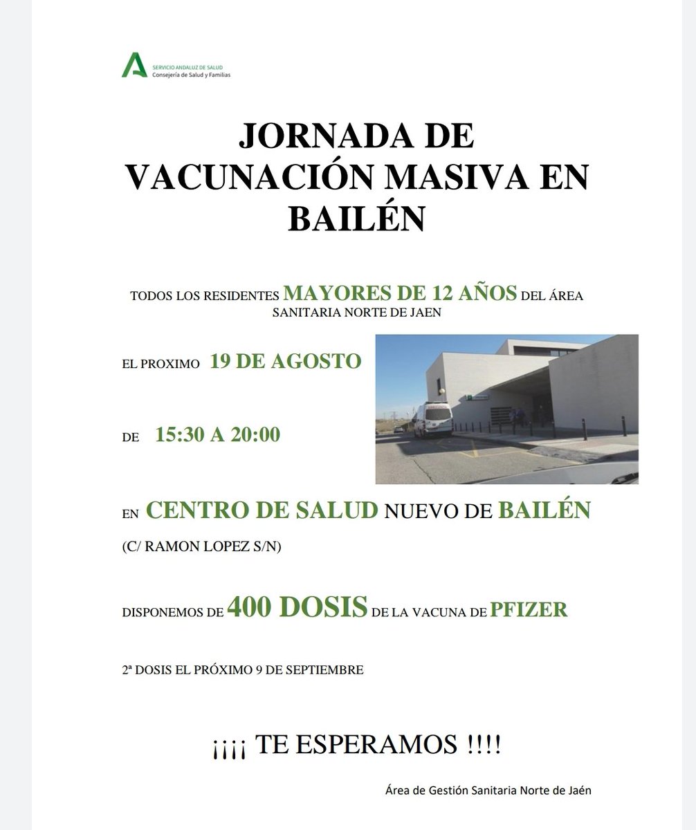 📢📢📢
Jornada de vacunación masiva en BAILÉN.
⏹️ Para mayores de 12 años del  <a href="/ags_nortedejaen/">AGS Norte de Jaén</a>
⏹️ Jueves 1️⃣9️⃣ de agosto
⏹️ De 15:30 a 20:00
⏹️ 4️⃣0️⃣0️⃣ dosis de Pfizer
#notequedesatrás
#YoMeVacunoSeguro
<a href="/Saludand_Jaen/">Delegación Territorial de Salud y Consumo en Jaén</a>
<a href="/saludand/">Consejería de Salud y Consumo</a>