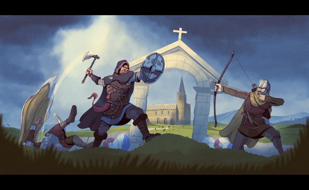 A cartoonish image of male Eivor from Assassin's Creed Valhalla raising his axe and shield as he faces a Saxon archer who is about to shoot at him. Behind them is a Christian gate leading to a monastery.  