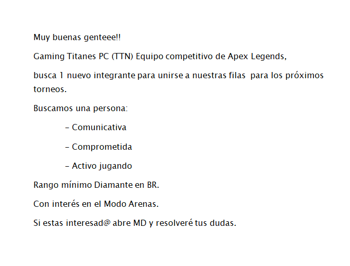 martyta_BG's tweet photo. Buen@ss! Gaming Titanes busca nuevo miembro! Os dejo con las características de lo que buscamos! Se agradecen mucho los RT!! 😊😊
@PlayApexES @icaapex @PlayApex
#ApexLegends #apexlegendscommunity https://t.co/SxGeXtmDCi