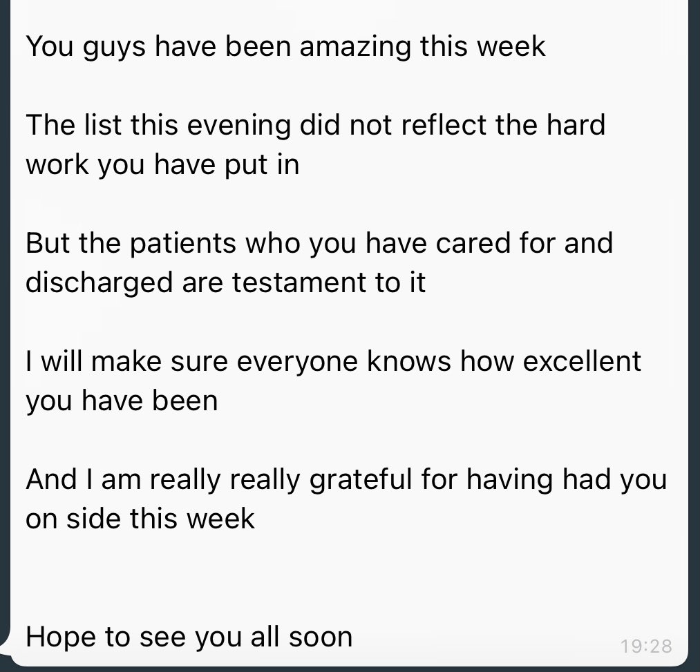 I don’t think it can be understated how nice it is to receive this message from one of the surgical consultants after a busy week. Positive recognition goes a long way 🥰 bit of a boost!!