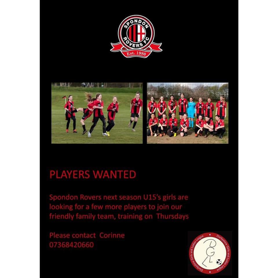 🔴⚫️ Spondon Rovers U15s are looking for a couple of players of all abilities to join our friendly team training at derby racecourse Thursdays please get in touch below  🔴⚫️ <a href="/SpondonRovers/">Spondon Rovers F.C.</a> <a href="/DGLLsecretary/">DERBYSHIRE GIRLS AND LADIES LEAGUE</a>
