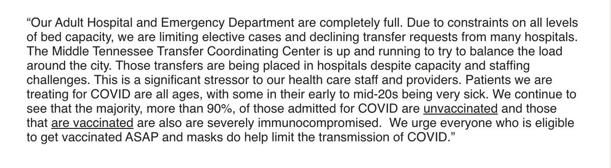 PhilNvestigates's tweet photo. BREAKING: Vanderbilt University Medical Center, Nashville's premier teaching hospital, is FULL and declining transfer requests from other hospitals. "More than 90% of those admitted for COVID are unvaccinated and those that are vaccinated are also are severely immunocompromised." https://t.co/8zB6NAwFr0