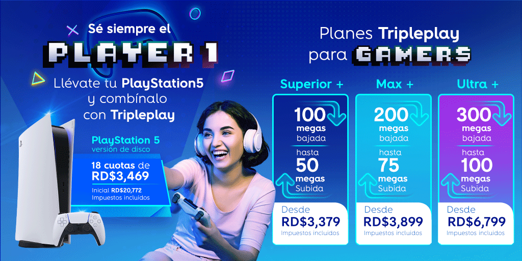 altice_do's tweet photo. ¿Te sabes el cheat code para subir de nivel? 😎🎮
⬆️Combina tu #PlayStation5 en cuotas con ⬆️ hasta 100 Megas de subida ⬇️ y 300 Megas de baja ⬅️ en planes #TripleplayAltice ⬆️ https://t.co/gD2eRRunxe