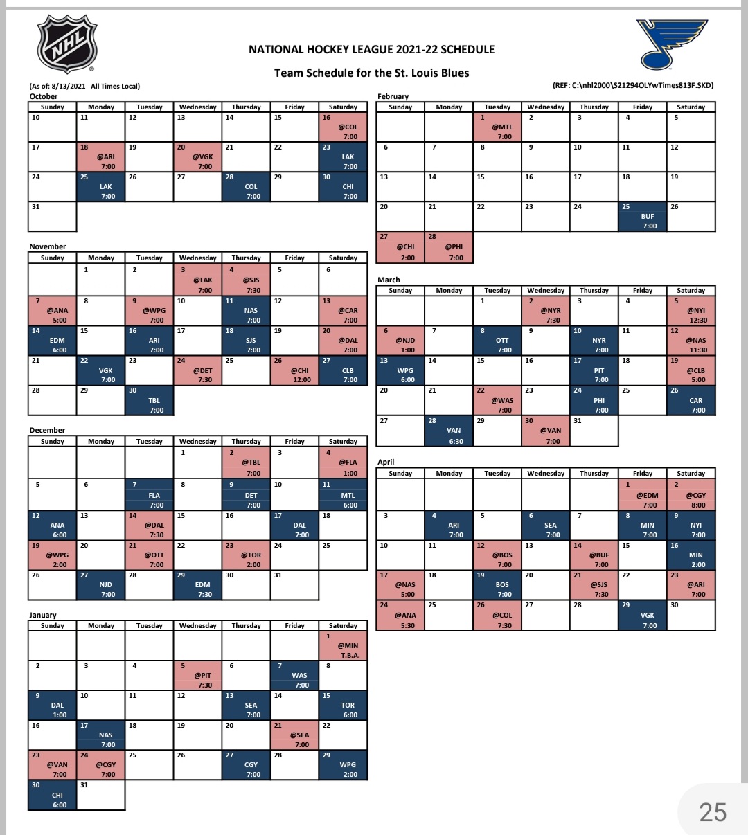 Printable 2021-2022 St. Louis Blues Schedule