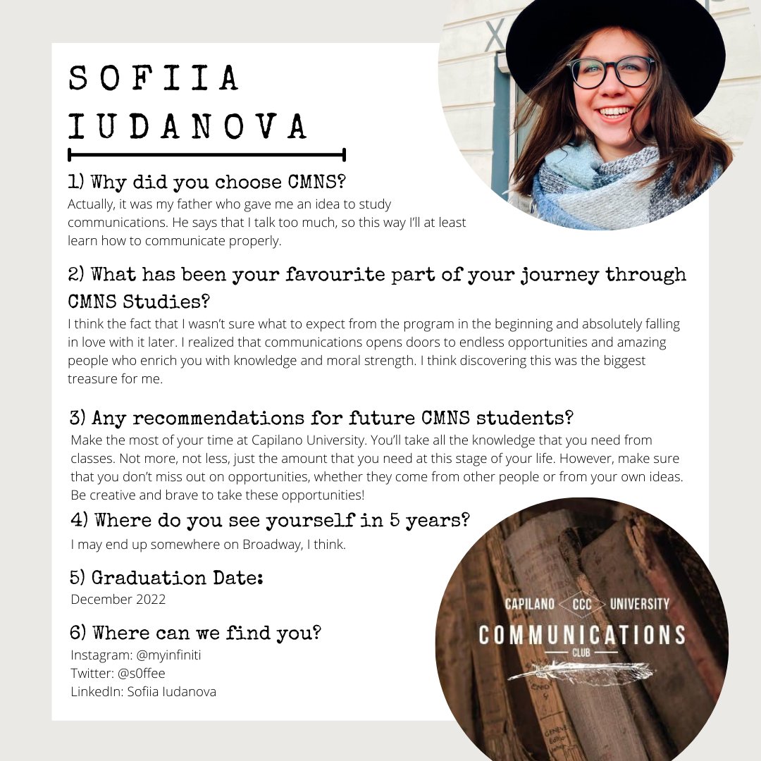 Today's CCC profile features the wonderful Sofiia! We thank you so much for your contributions to this project, and wish you the best in your future studies! #CCC #Communications #NorthVan #CMNS #CapU