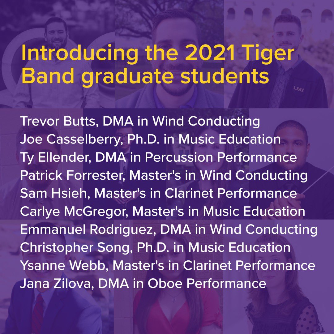 LSU Bands (@lsubands) on Twitter photo Each year, a team of <a href="/lsumusic/">LSU School of Music</a> graduate students help make Tiger Band a great experience for members and fans alike. Welcome the 2021 Tiger Band grads! Each year, a team of <a href="/lsumusic/">LSU School of Music</a> graduate students help make Tiger Band a great experience for members and fans alike. Welcome the 2021 Tiger Band grads!