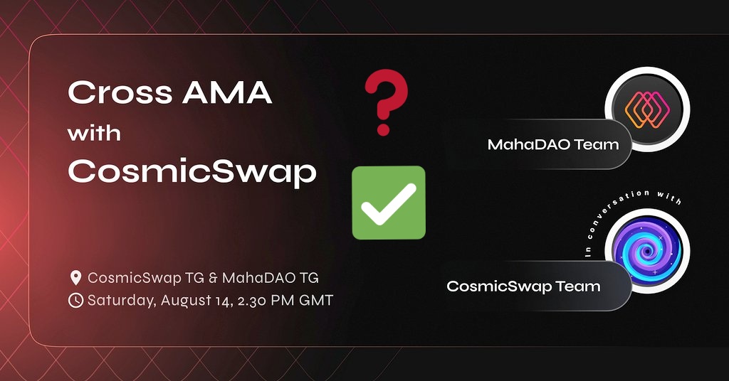 crypto_pranav's tweet photo. 📢🗣️
@TheMahaDAO is exited to be part of a cross #AMA session with @CosmicSwap
⏰ August 14, 2021 | 2.30 PM GMT
📍 https://t.co/kkGPRxKRCf & https://t.co/xdid68VqW6
The cross AMA will see #MahaDAO & #CosmicSwap share talking time on both communities
$MAHA $ARTH $COSMIC $MATIC https://t.co/I47eieKsae
