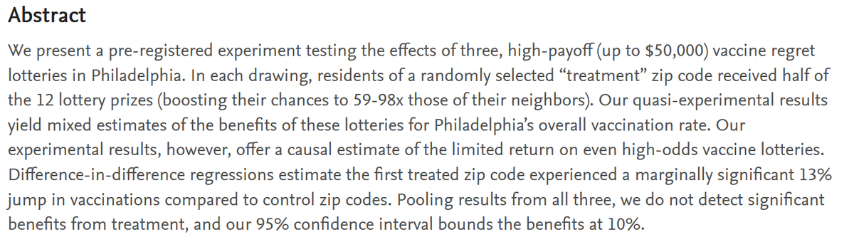 Wondering if vax lotteries are working?  We've got some clear evidence from a vaccine sweepstakes we designed for the City of Philadelphia w/ an experimental component and the results are discouraging. See for yourself (lead author <a href="/LinneaGandhi/">Linnea Gandhi</a>)): papers.ssrn.com/sol3/papers.cf…