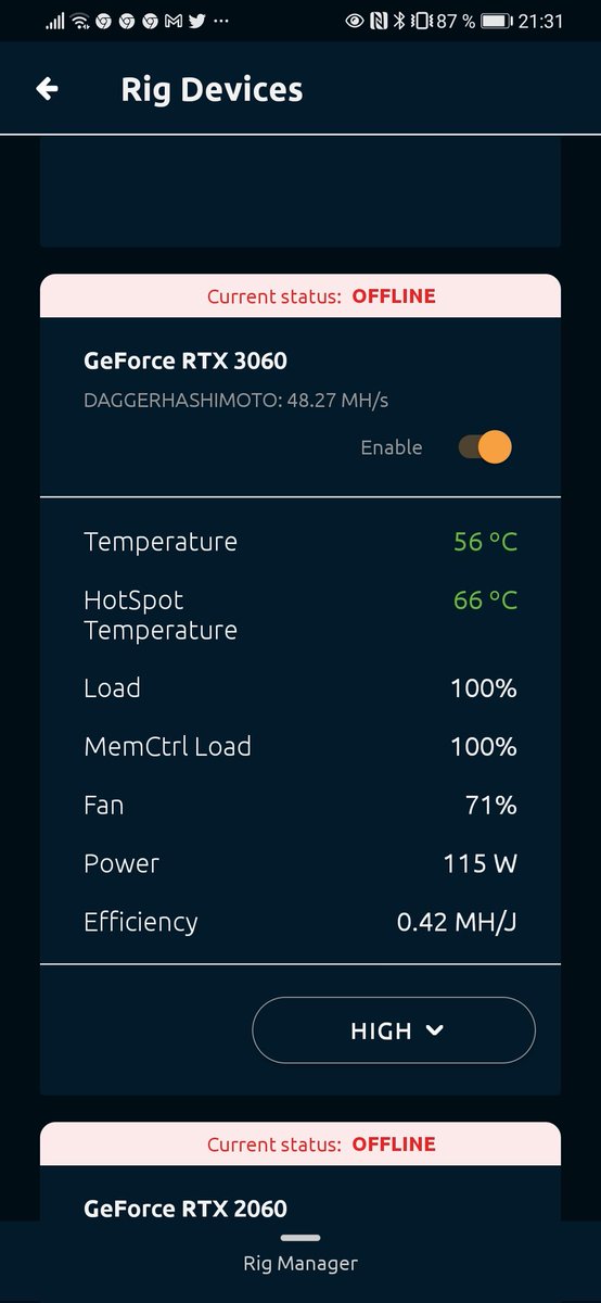 Jonte50001's tweet photo. @NiceHashMining Just anunrelated question, in "rig manager" it says that one of my rigs is offline but when i go into the rig it still lists The hashrate, temp etc. Is it mining? https://t.co/nGQ4vPcKzJ