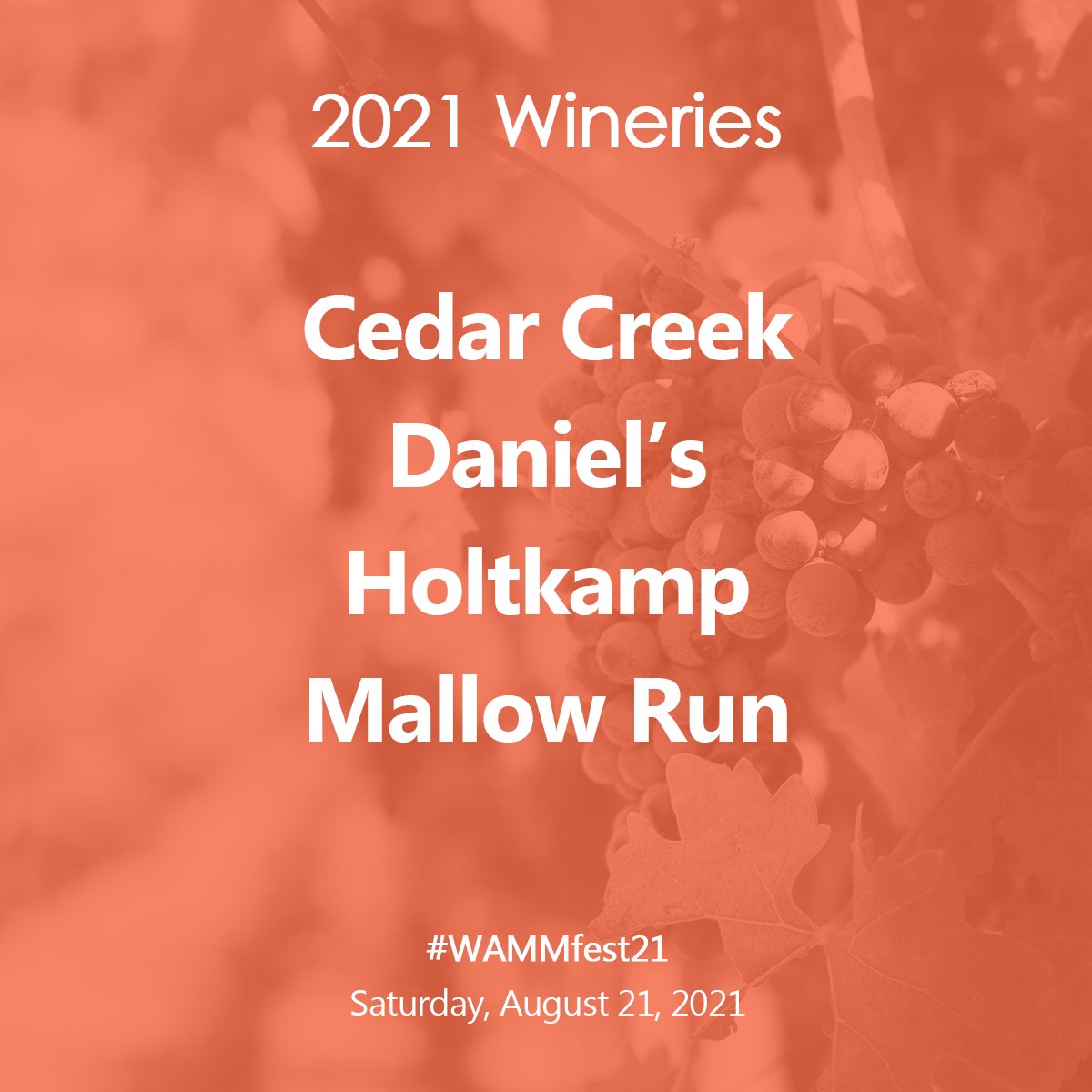 🍷 WINERY LINEUP FOR WAMMFEST 2021 🍷

Grab your tickets! wammfest.com/tix/Twitter

#Wine #Art #Music #Microbrew #SertomaClubOfGreenwood #FestCountryIN