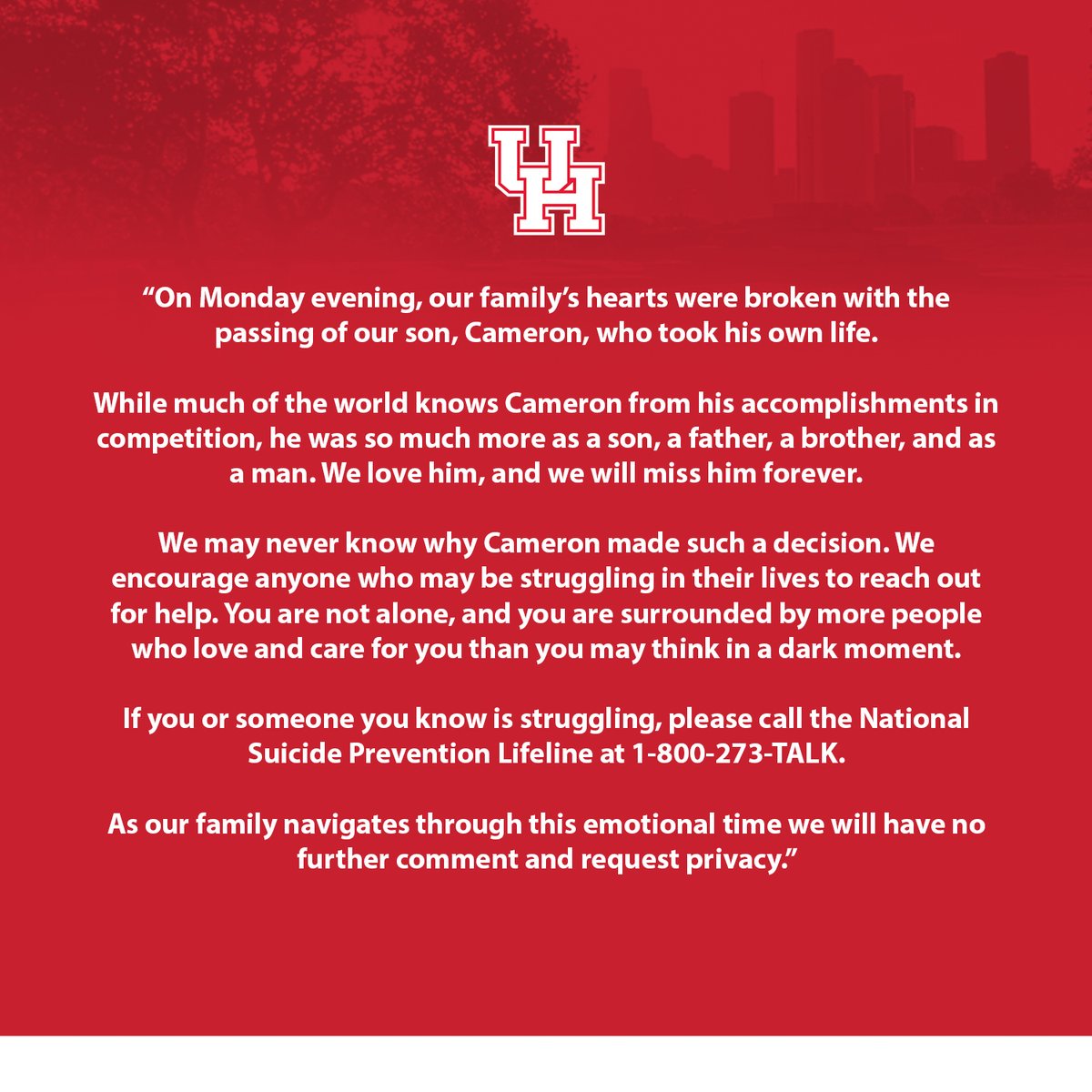 .<a href="/UHCougarTF/">#HTownSpeedCity</a> Coach Leroy Burrell and his family have released an additional statement on the passing of their son, Cameron.