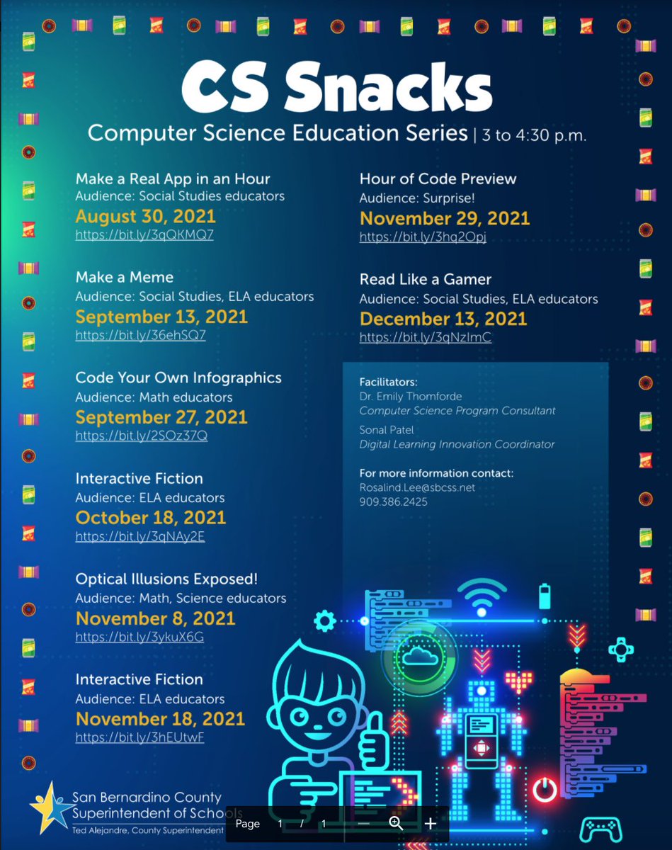 Computer Science Snacks Series Check out these computer science professional development opportunities that are designed to be integrated into your specific subject area! (FREE for all San Bernardino and Riverside educators) Hope you can join us. drive.google.com/file/d/1n4HX5y…