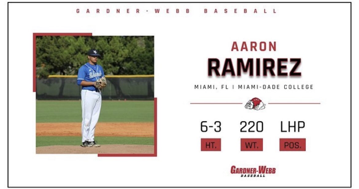 Congrats to our southpaw <a href="/aaron2ramirez/">Aaron Ramirez</a> committing to <a href="/GWUBaseball/">Gardner-Webb Baseball</a> !! Wishing you the best of luck always. We know you’ll represent us very well.