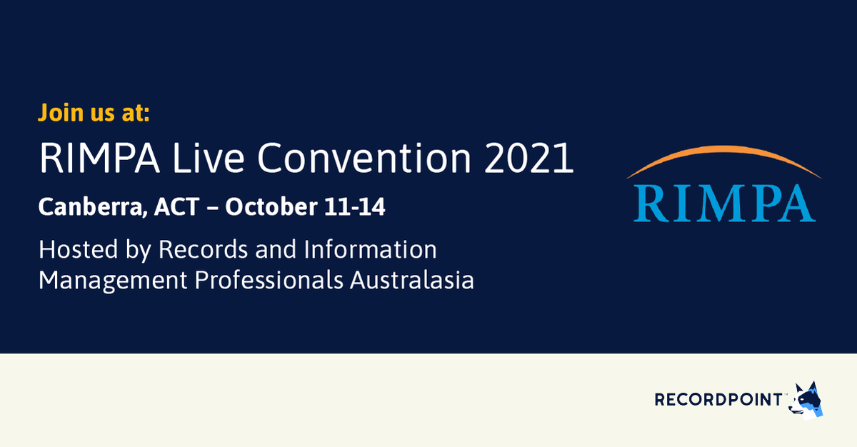 RecordPoint's tweet image. Join us at @RIMPA_RIM and take a deep dive into the world of information management. Read more about the upcoming event and register now: rcrdpt.news/3yP1KRV #RIMPALIVE2021