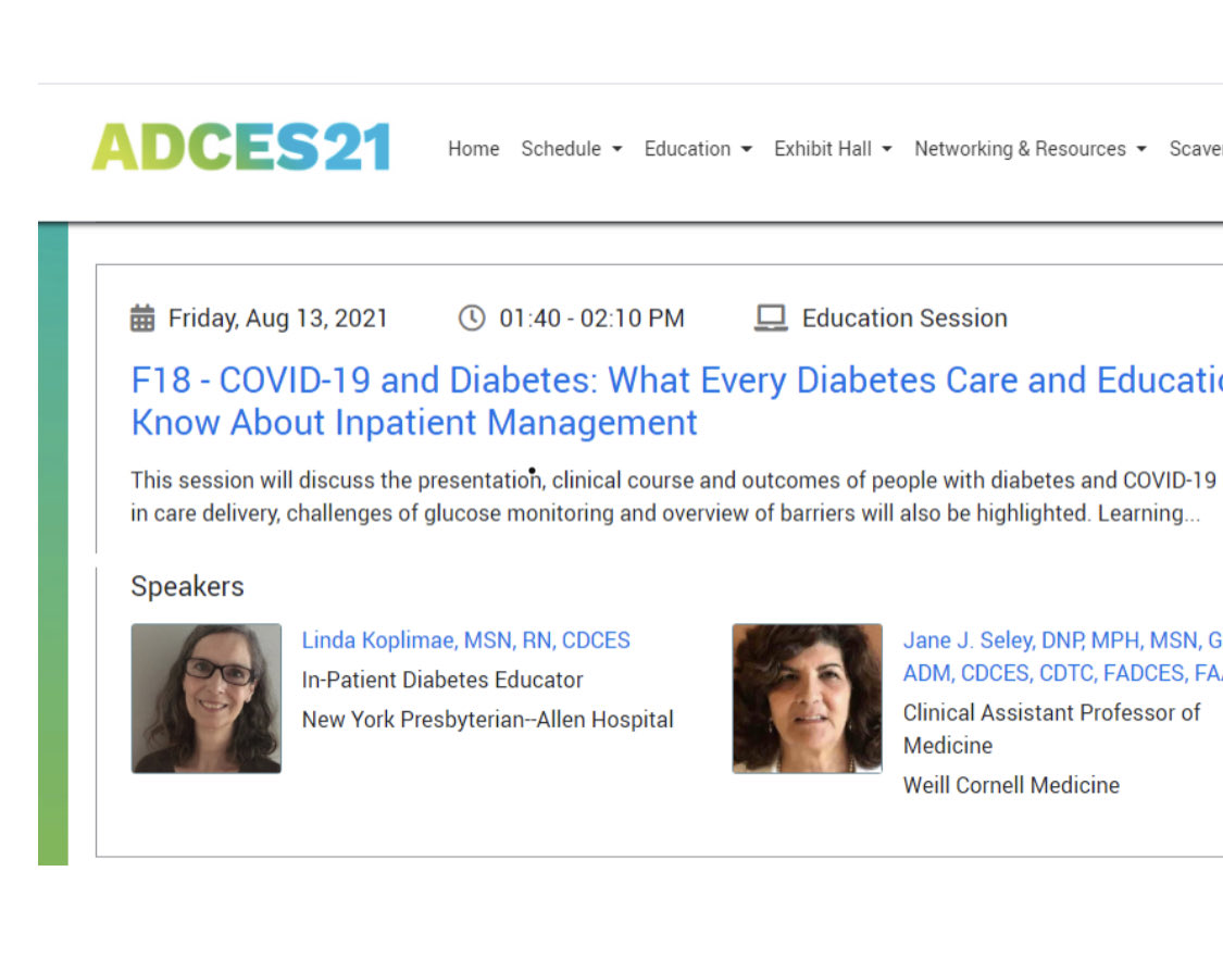 Our very own NYP/Allen Linda Koplimae sharing knowledge as a presenter at 2021 Association of Diabetes Care and Education conference! You Rock Linda!👏
#DiabetesExpert
#communityfeelglobalimpact
⁦<a href="/CPBalsam/">Courtney P. Balsam</a>⁩ ⁦@HeadRNColumbia⁩ ⁦<a href="/AllinatTheAllen/">AllenHospital</a>⁩ ⁦