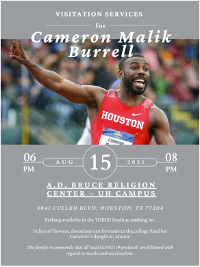 JMartinTV's tweet photo. Visitation details for former NCAA Champion &amp; UH Track star #CameronBurrell.  He took his own life. In a statement, his family says "we may never know why Cameron made such a decision, but we encourage anyone who may be struggling in their lives to reach out for help." https://t.co/Joepp9Tajc