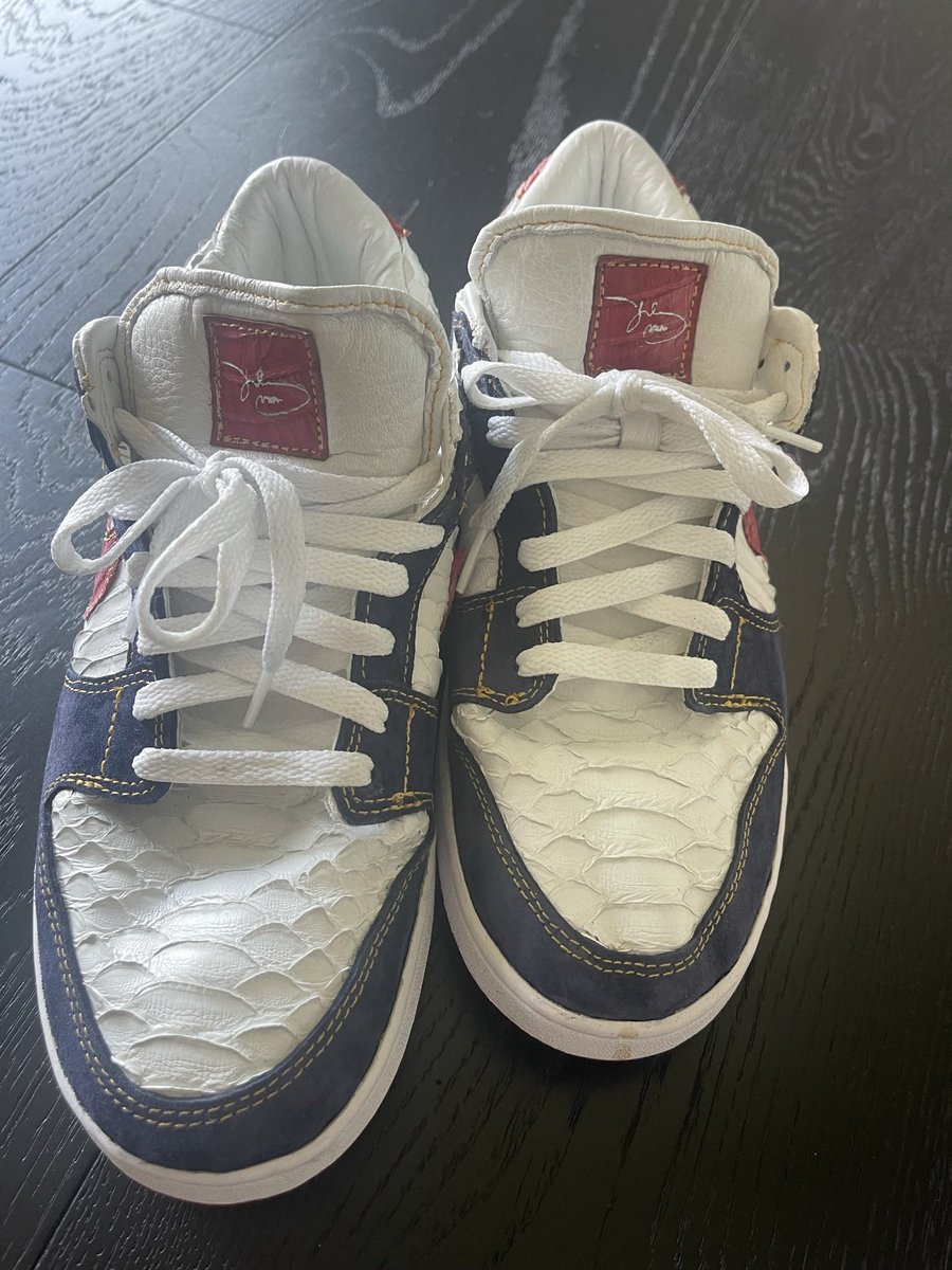 dawnstaley's tweet photo. @theogshoechef I need everyone to know who handmade these TOKYO OLYMPIC GOLD MEDAL GAME footwear that’s 1 of 1.  #python #redpython   #whitepython #bluesuede #signatureontongue #oneofone. My main man. Cohen’s super dad. @theogshoechef….let’s freaking gooo Doug! https://t.co/4yIx6PfsPX