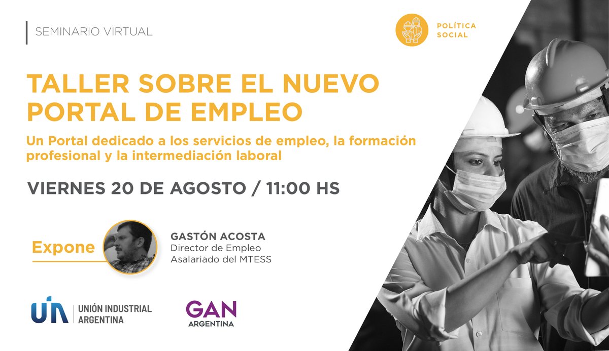 El próximo viernes 20 de agosto a las 11.00 hs te invitamos a participar del Taller sobre el Nuevo Portal de Empleo en el que profundizaremos sobre los servicios y beneficios que ofrece.
 Inscribite en bit.ly/2UeCuWa