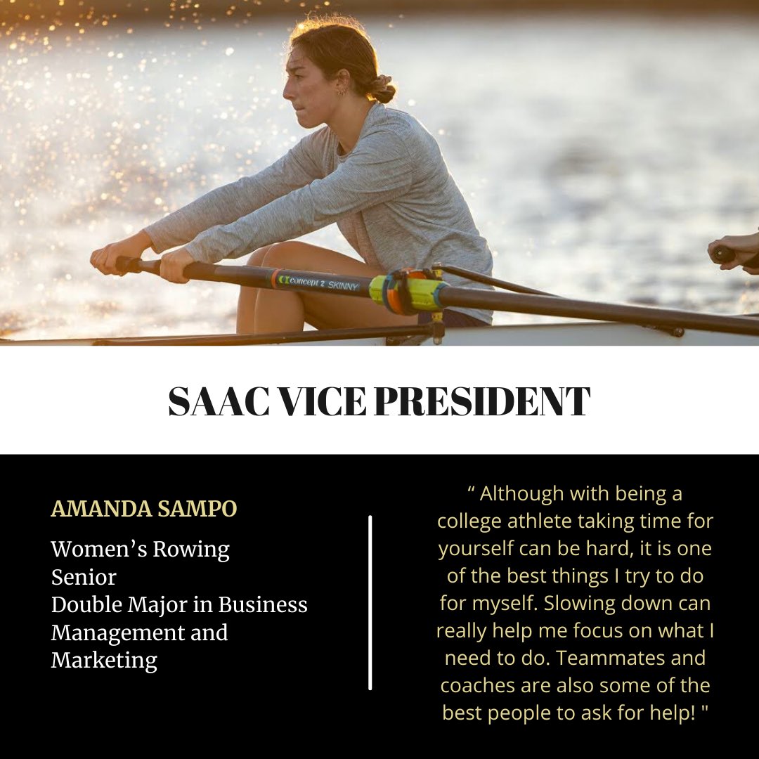 Our next SAAC member is our Vice President Amanda! She is a senior and on the Women’s Rowing team!!🐬