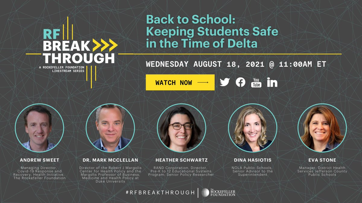 RockefellerFdn's tweet image. Mark your calendars for our next #RFBreakthrough - Back to School edition! 🎒

Wednesday, August 18 11AM ET 📅

In “Back to School: Keeping Students Safe in the Time of Delta”, hear how new research can inform how schools can #ReopenSafely. [1/2]