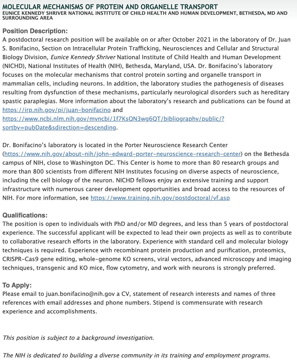 One more #postdoc position is opening in the @BonifacinoJuan lab @NICHD_NIH to study #molecular mechanisms of #protein/#organelles #trafficking, #lysosomes, #autophagy, and related #diseases. For more info, tinyurl.com/s9bvczzk. Apply to email in the link. Please RT