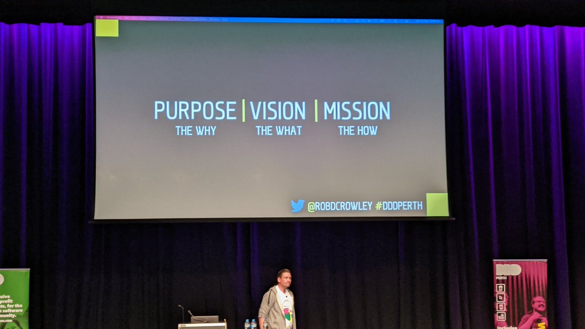 Feeling #purposeful at #dddperth listening to <a href="/robdcrowley/">Rob Crowley</a>