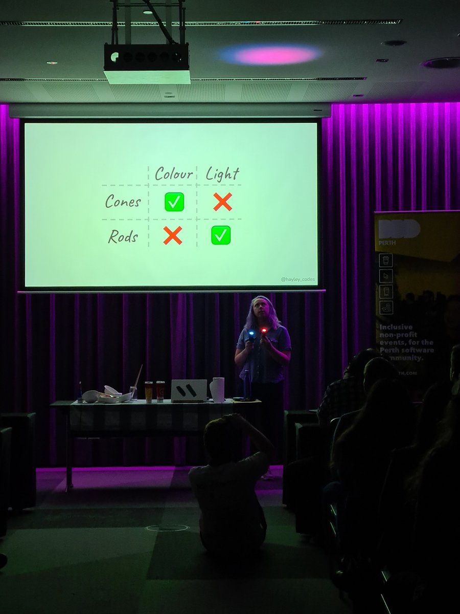 Did someone say DDD by light ? <a href="/hayley_codes/">Hayley Stewart 🍍👩‍💻🐶</a> showing us the awesome science behind computer colours <a href="/DDDPerth/">DDD Perth</a> #DDDPerth