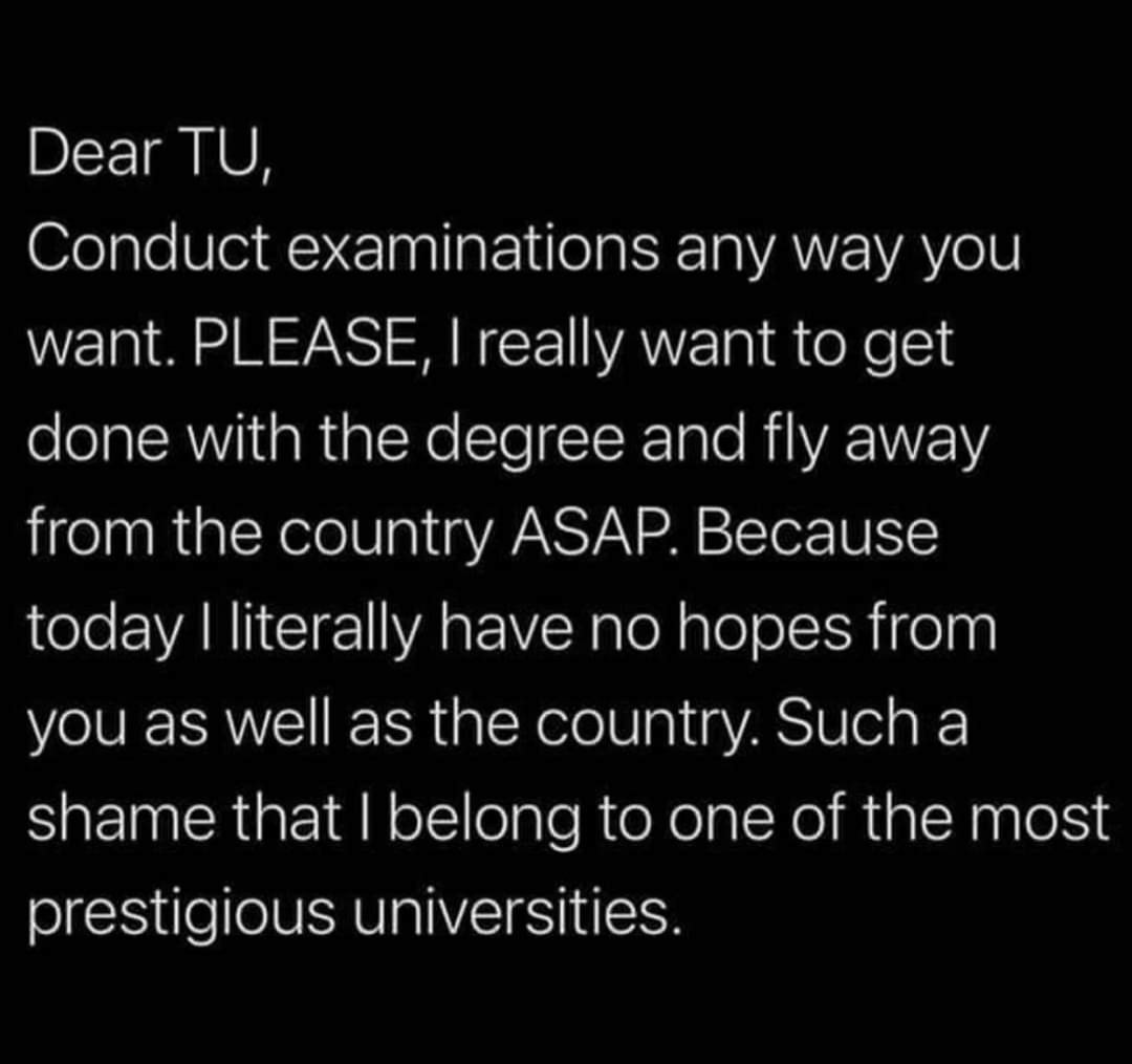 07ImAsh's tweet photo. That's it.
Millions of Youths Voice!
We are done
#CancelTUExams 
@SherBDeuba @thapagk @bishwaprakash77 @Roopess @BinodKChaudhary @paras77 @journonepali
@RBaniyaji @MilanPandey @DilBhusanPathak @NAYA_PATRIKA @SuryaRAcharya @hamrorabi @RabindraMishra @Inspiredkamal @subinbhattarai1 https://t.co/DKASuzvQBo