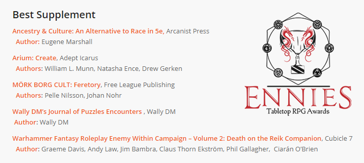 Hapimeses's tweet photo. Thanks to the @ENnies being amazing, my name is now on the list for the #BestSupplement award this year. Let me offer my congrats, again, to @GraemeJDavis - he has been working for years on #TheEnemyWithin, so it's enormously pleasing to see that work be recognised. https://t.co/krEx14SKry