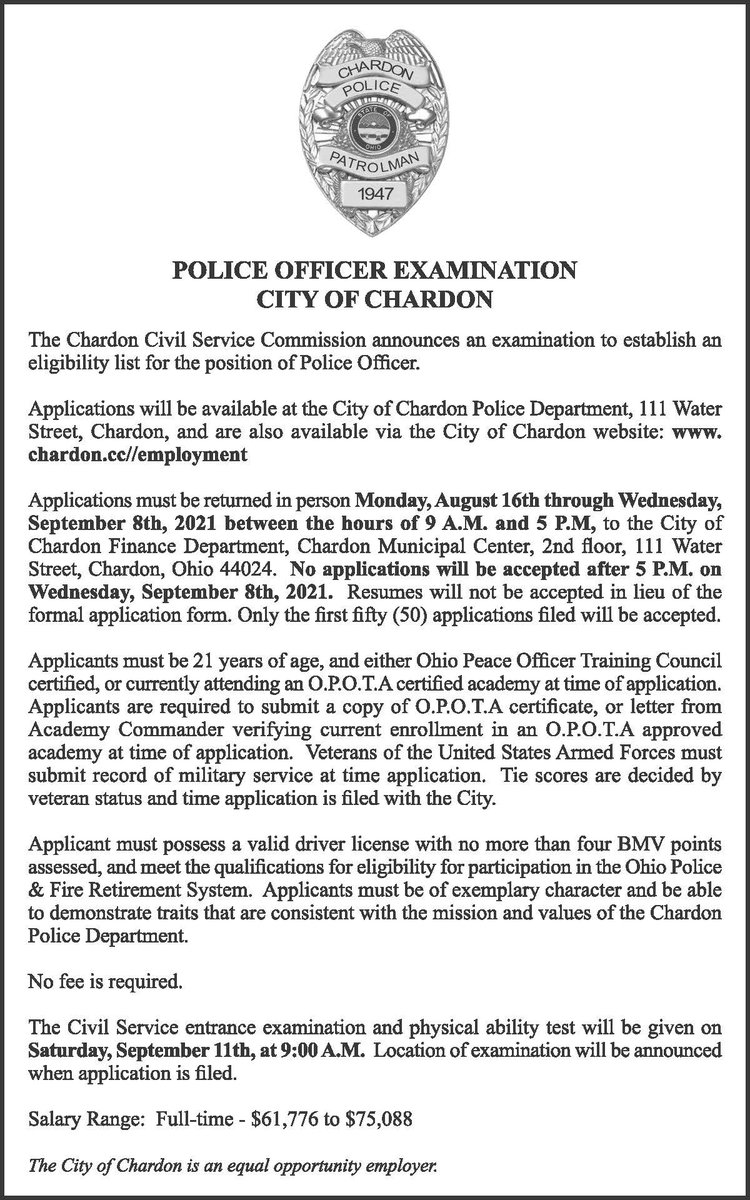 Civil Service Announcement for full-time police officer City of Chardon