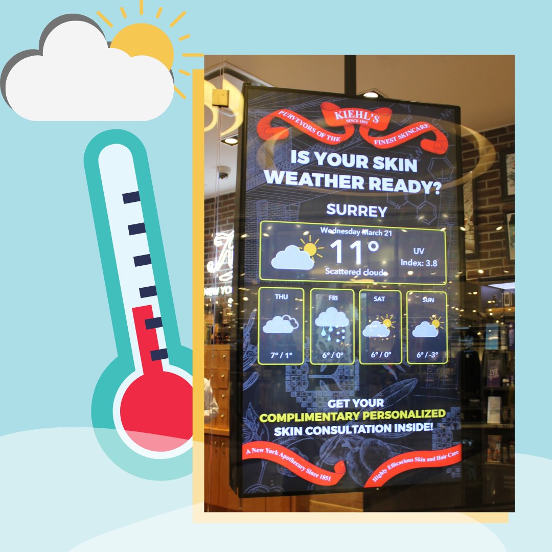 Showing weather on your #digitalsignage does more than give your audience information they are interested in, it also creates a call-to-action! Whether it be cold weather to boost skin moisturizer sales or hot weather to encourage cold drink sales the possibilities are endless.