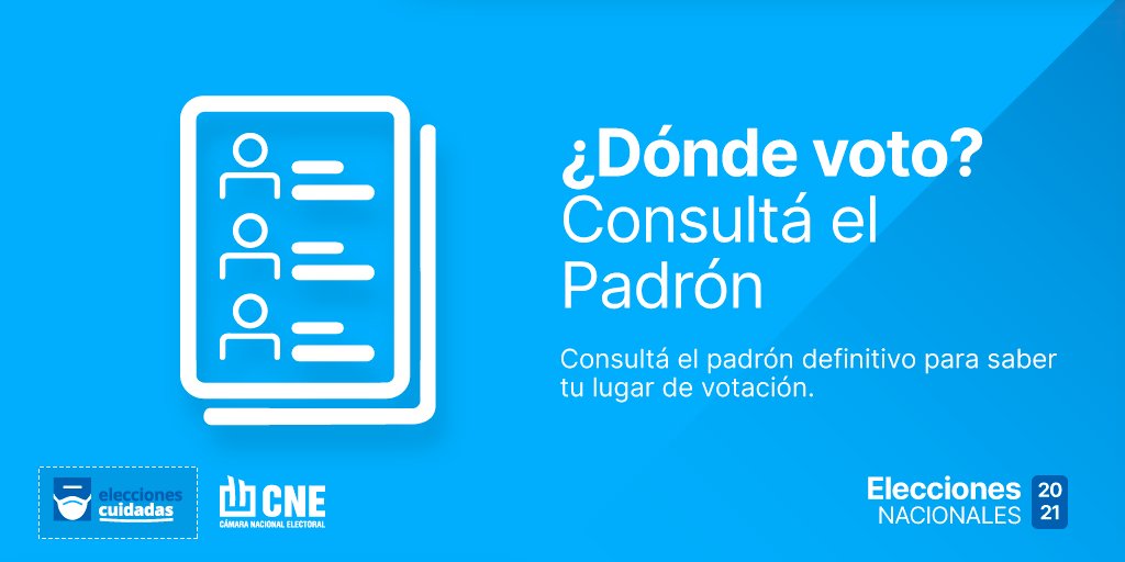 #EleccionesArgentina ¿Ya sabés dónde votás?

Hacé tu consulta al #PadrónDefinitivo para conocer tu mesa y establecimiento de votación: padron.gob.ar