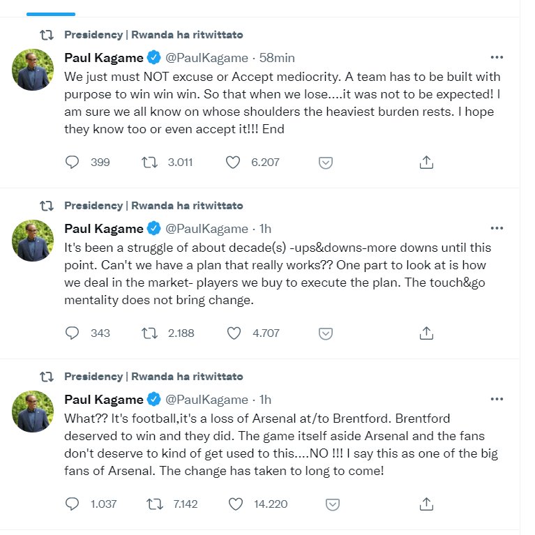 Paul Kagame, presidente del Ruanda ormai dal 2000, non si tiene dopo la sconfitta del "suo" Arsenal. Tre tweet (retwittati dall'account ufficiale della presidenza).