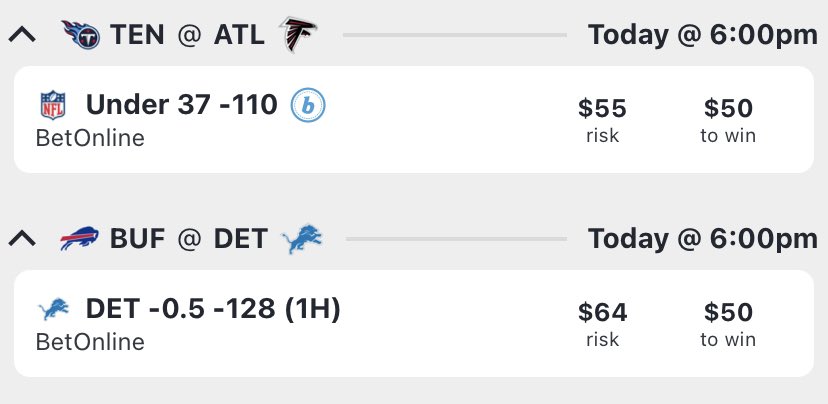RealAsfPicks's tweet image. OFFICIAL NFL PLAYS...both .5u nothing crazy but like lions starting group early over bills and the QB play in Falcons game on both sides will keep this game way under