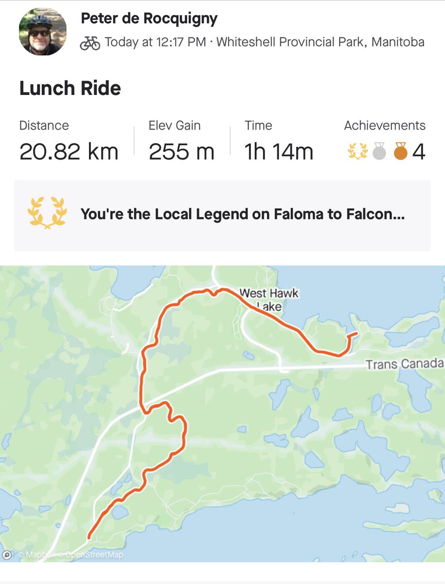PeterdeRock03's tweet photo. What an honor to be the Local Legend of the Westhawk Lake to Faloma bike trail!! The trail offers a great scenic ride through the boreal forest along with lots of roller coaster hills. Lots of fun and a great work out. https://t.co/LRtfgmajzi