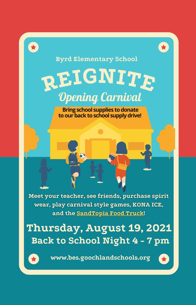 Mark your calendar for Back to School Night, Thursday, Aug.19 from 4-7pm. Meet your teacher, see friends, play games, buy spirit wear and a free Kona Ice for each student. The SandTopia Food Truck will be in attendance to serve up delicious food.