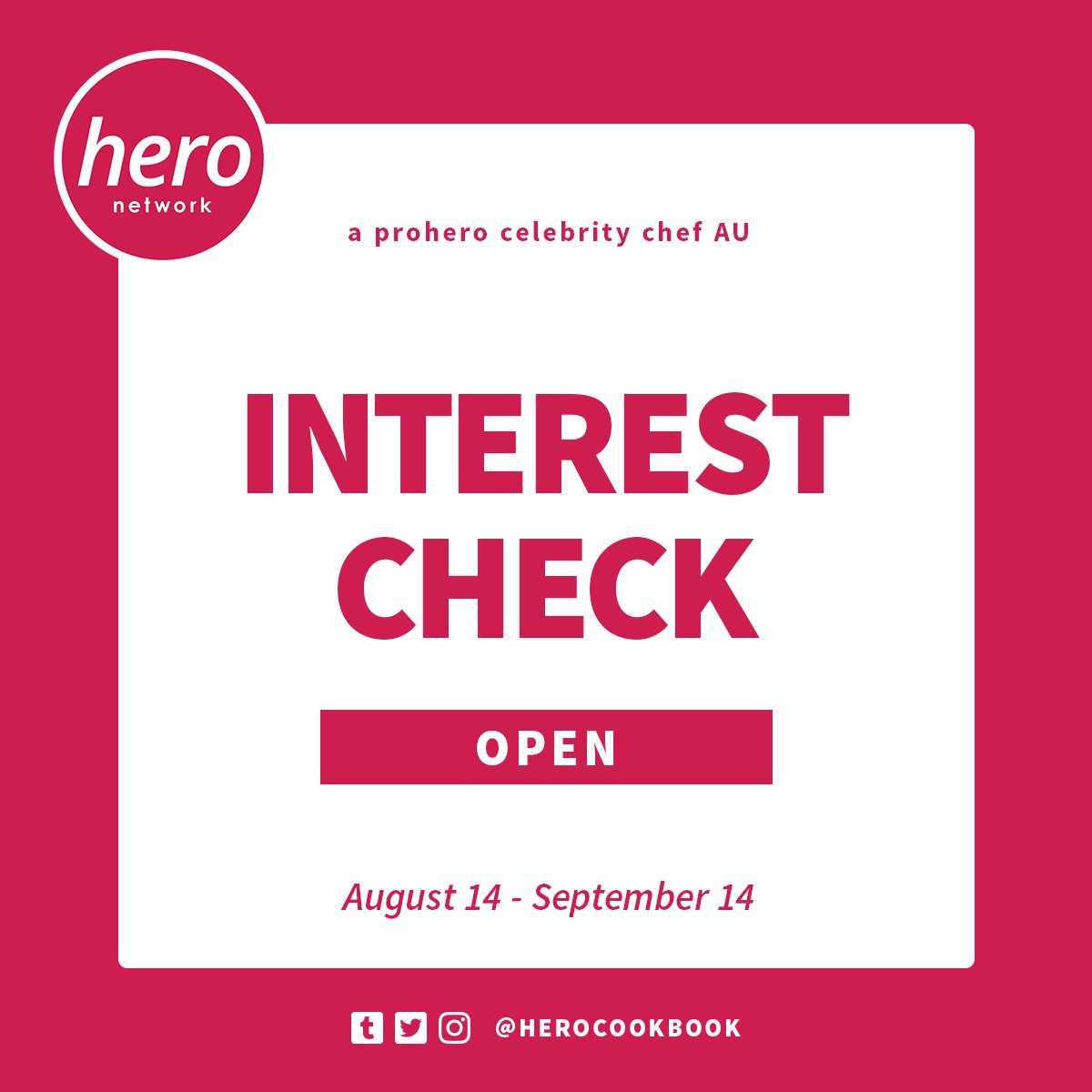 📝 INTEREST CHECK OPEN!
Get ready for a new series airing this fall on the Hero Network! 

▪️ Fill out our interest check and let us know if you'd be interested in our zine: forms.gle/6hDVG8XXjiiBoh… 
▪️ Check out our carrd for more info: herocookbook.carrd.co