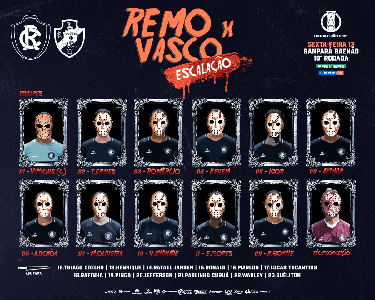 ClubeDoRemo's tweet photo. Clube do Remo escalado para o confronto contra o Vasco da Gama, nesta #SextaFeira13. Bora, Leão! 👻🦁

#OReiDaAmazônia #BrasileirãoSérieB #REMxVAS https://t.co/stuWX97BgJ