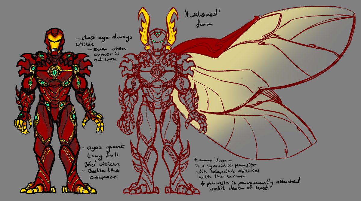 FrankygoesRawr's tweet photo. Finally got that sick demon Iron Man armor down. Its part of the #CryptidAU
-Tony is still soft flannel wearing human xD
-The parasitic armor, called the 'Stagbeetle' in myth, is lovingly dubbed 'Friday' by Tony. https://t.co/HoyHC6SB6G