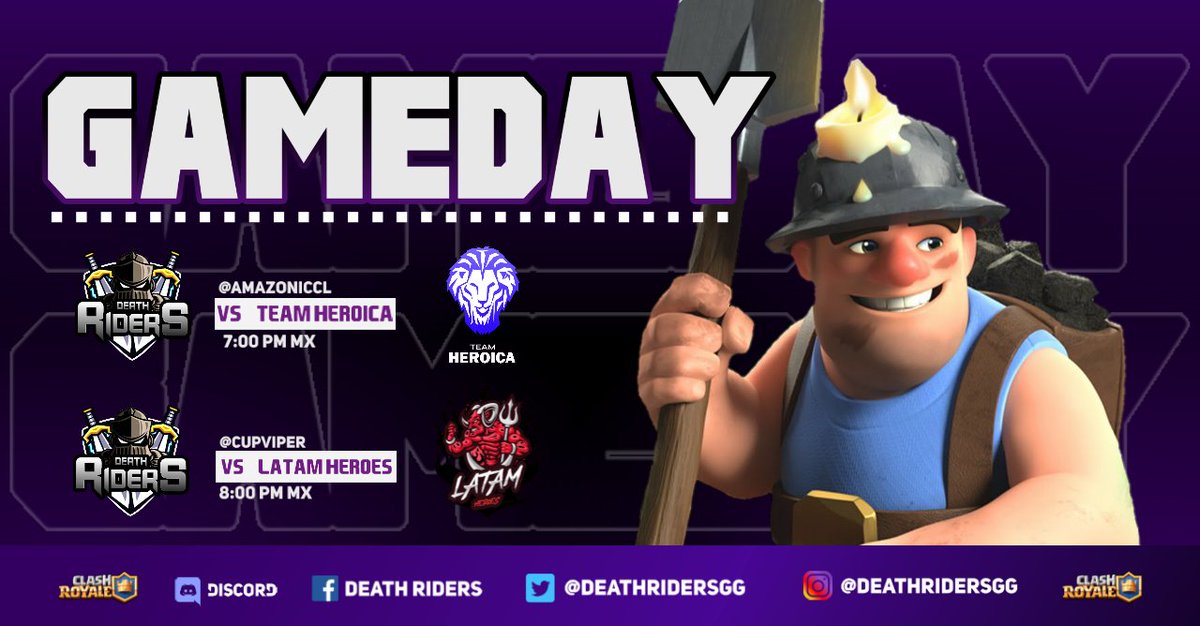 Death Riders eSports (@deathridersgg) on Twitter photo •—GAMEDAY—•
Duros enfrentamientos nos esperan el día de hoy contra estos grandes rivales. Mucha suerte!
🏆¦ <a href="/AmazonicL/">Amazonic League</a>
🆚¦ @Heroica_team
⏰¦ 7:00 PM 🇲🇽🇵🇪
🔰¦ Clasificatorios
🏆¦ <a href="/CupViper/">Viper's Cup</a>
🆚¦ <a href="/heroes_latam/">Latam Héroes</a>
⏰¦ 8:00 PM 🇲🇽🇵🇪
🔰¦ Cuartos de Final
#WeAreDR •—GAMEDAY—•
Duros enfrentamientos nos esperan el día de hoy contra estos grandes rivales. Mucha suerte!
🏆¦ <a href="/AmazonicL/">Amazonic League</a>
🆚¦ @Heroica_team
⏰¦ 7:00 PM 🇲🇽🇵🇪
🔰¦ Clasificatorios
🏆¦ <a href="/CupViper/">Viper's Cup</a>
🆚¦ <a href="/heroes_latam/">Latam Héroes</a>
⏰¦ 8:00 PM 🇲🇽🇵🇪
🔰¦ Cuartos de Final
#WeAreDR