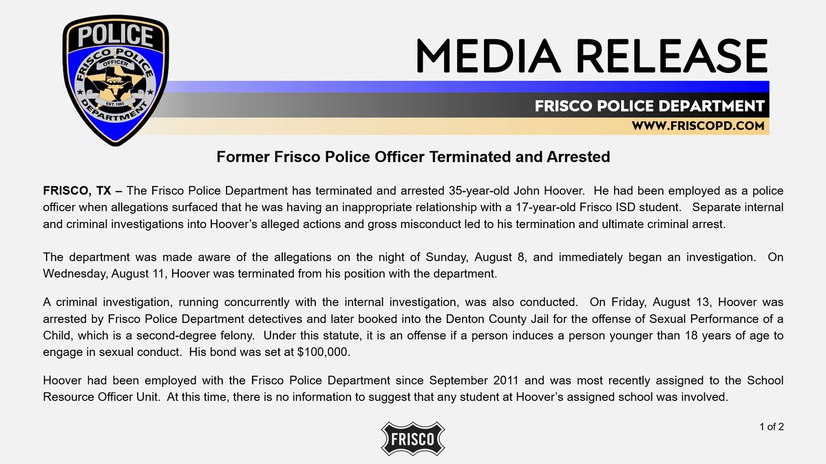 FriscoPD's tweet photo. Former Frisco Police Officer Terminated and Arrested

The full media release can be found here:

https://t.co/X7AQMVFiQw https://t.co/hkdngL186D
