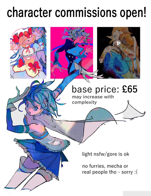 alright here we go! 
commissions are open! gonna take 4 slots for now. please take a look at both images as well as the form i'll thread below!!
thank you!! 