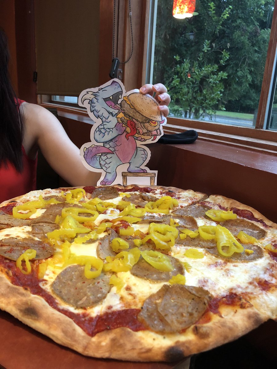 Took a Fancy Manny from #flamecraft out to Coalfire for a spicy ring of fire pizza! The <a href="/CbAlchemy/">Cardboard Alchemy</a> Kickstarter is just too cute! #socialdragons