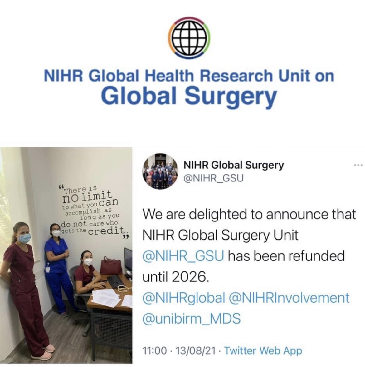 Nos complace anunciar que nuestra Unidad de Investigación de Cirugía Global, parte del National Institute of Health Research (NIHR) de Reino Unido, ha sido de nuevo fondeada hasta el año 2026.

Felicidades a todos nuestros colaboradores por su esfuerzo que ha permitido esto.