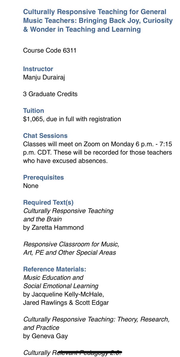 Culturally Responsive Teaching
for General Music Teachers:
Bringing Back Joy, Curiosity &amp; Wonder
in Teaching and Learning 

Online Course- Mondays 6-7:15 pm CDT September 20-December 12, 2021

vandercook.edu/programs/meca_…